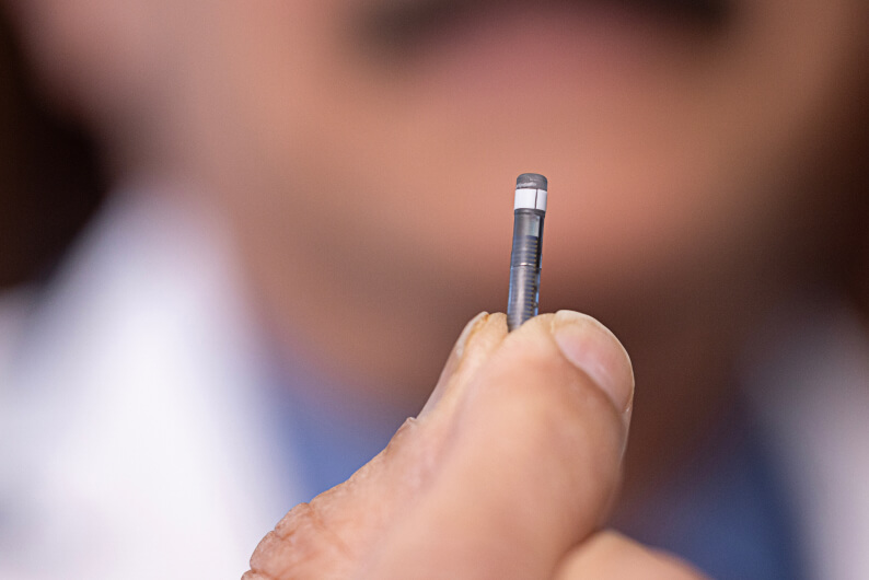 Close up on the Eversense long-term glucose monitoring sensor